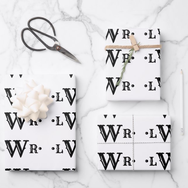 Three Letter Monogram Custom Elegant Black & White Wrapping Paper Sheet (Front)