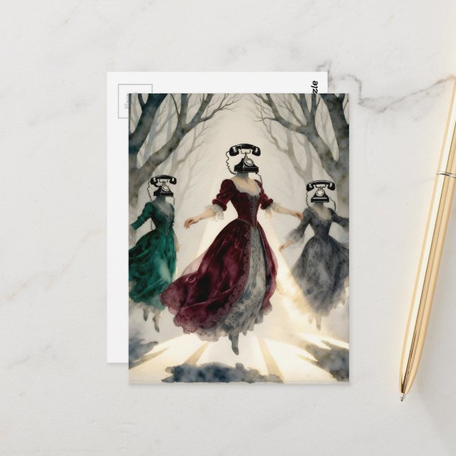 Three levitating women vintage telephone heads postcard (Front/Back In Situ)