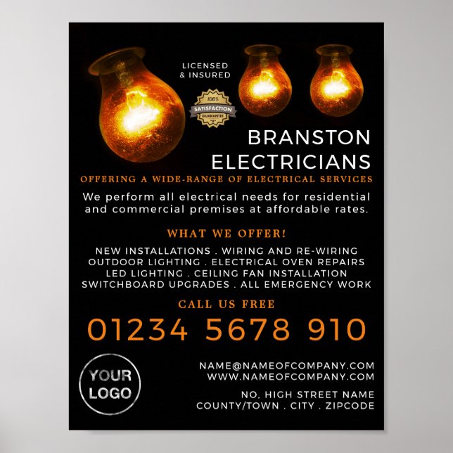 Three Lightbulbs, Electrician Advertising Poster (Front)