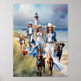 Three Lighthouse Coastal Cowgirl Dog Walkers Poster