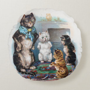 Three Little Kittens and Mother, Louis Wain Round Pillow