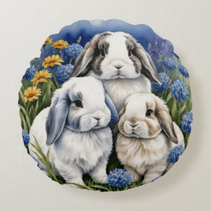 Three Little Lop Bunnies Round Pillow