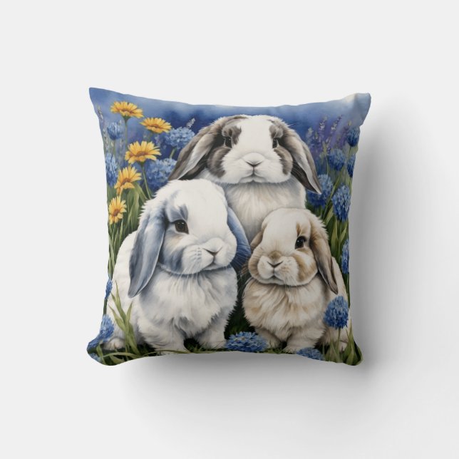 Three Little Lop Bunnies Throw Pillow (Front)