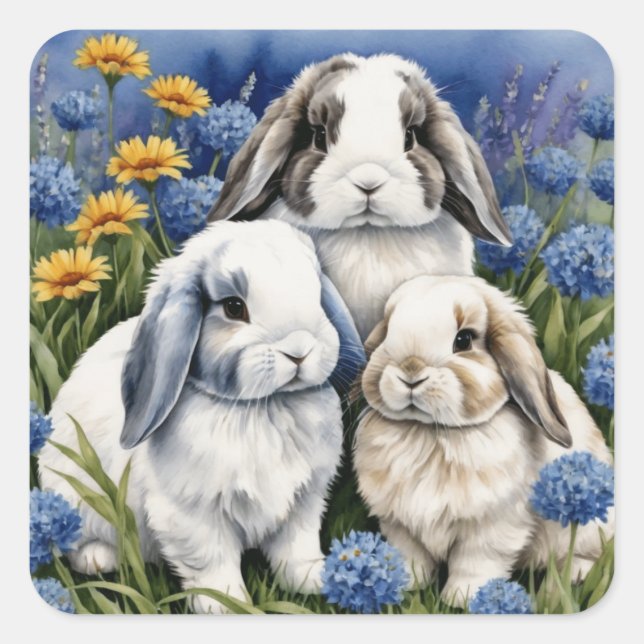 Three Little Lop Bunny Rabbits Square Sticker (Front)