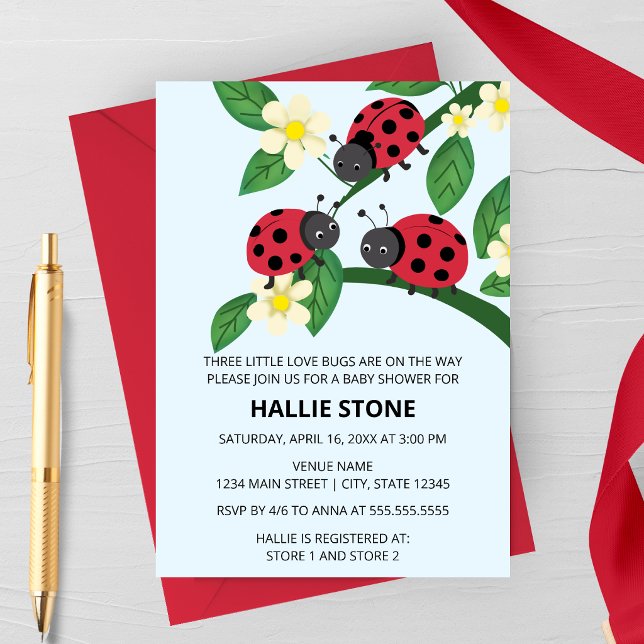 Three Little Love Bugs Ladybug Baby Shower Invitation (Three Little Love Bugs Ladybug Baby Shower Invite | Floral Garden Triplet Shower Invitation)