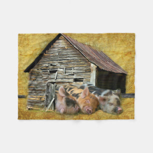 Three Little Pigs At The Rustic Barn Snoozing Fleece Blanket