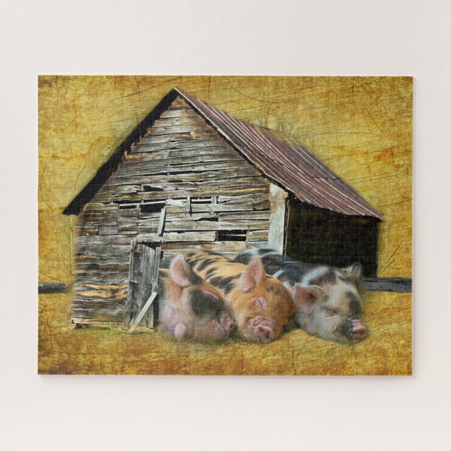 Three Little Pigs At The Rustic Barn Snoozing Jigsaw Puzzle (Horizontal)