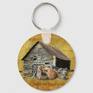 Three Little Pigs At The Rustic Barn Snoozing Keychain