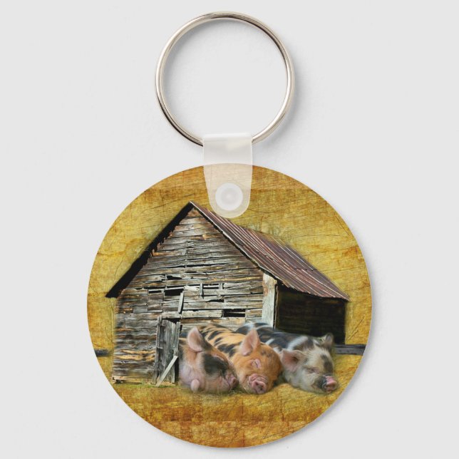 Three Little Pigs At The Rustic Barn Snoozing Keychain (Front)