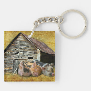 Three Little Pigs At The Rustic Barn Snoozing Keychain