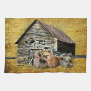 Three Little Pigs At The Rustic Barn Snoozing Kitchen Towel