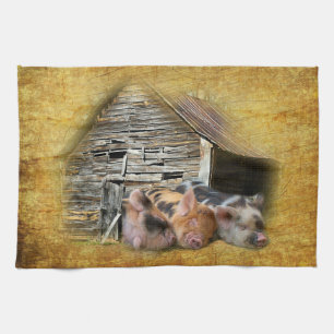 Three Little Pigs At The Rustic Barn Snoozing Kitchen Towel