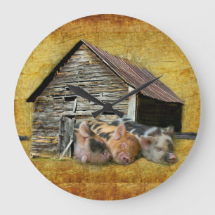 Three Little Pigs At The Rustic Barn Snoozing Large Clock