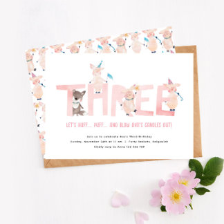 Three Little Pigs Big Bad Wolf, Girls 3rd Birthday Invitation