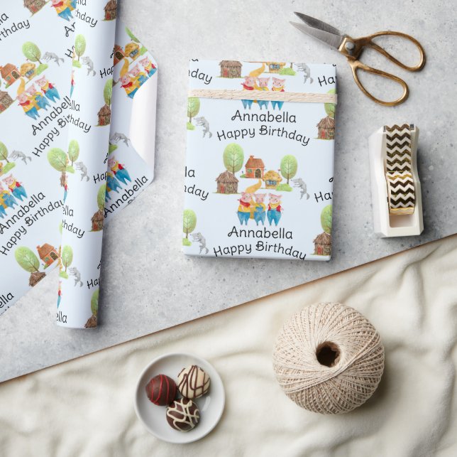 Three Little Pigs Colourful Folk & Fairy Tale Blue Wrapping Paper (Crafts)