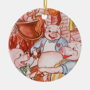 Three Little Pigs Cooking Wolf, Vintage Fairy Tale Ceramic Ornament