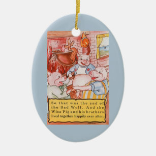 Three Little Pigs Cooking Wolf, Vintage Fairy Tale Ceramic Ornament