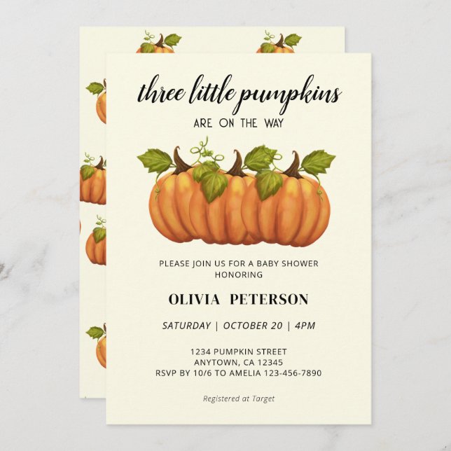 Three Little Pumpkins Triplets Fall Baby Shower Invitation (Front/Back)