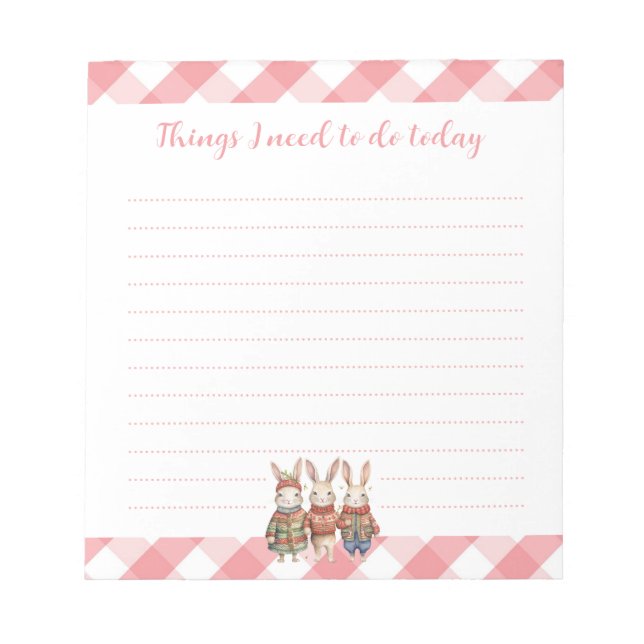 Three Little Rabbits Cute Pink Gingham To Do List  Notepad (Front)