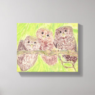 Three Little Scowling Owls - acrylic painting.     Canvas Print