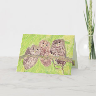 Three Little Scowling Owls - acrylic painting. Card