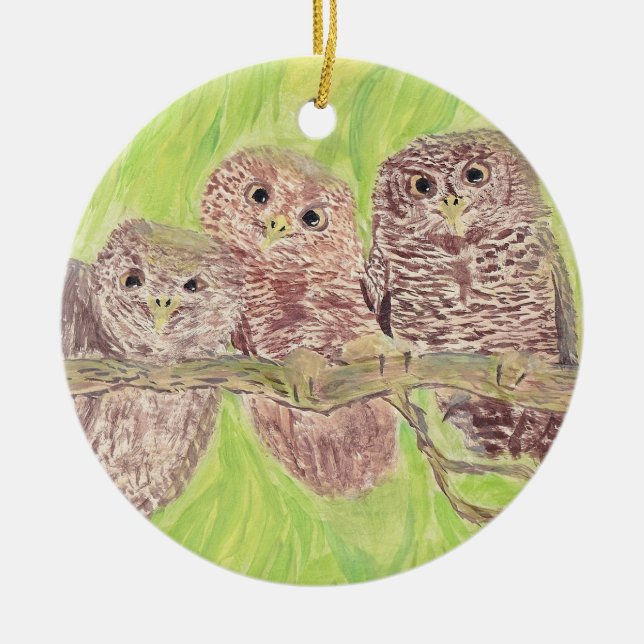 Three Little Scowling Owls - acrylic painting. Ceramic Ornament (Front)