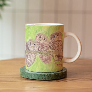 Three Little Scowling Owls - acrylic painting. Coffee Mug