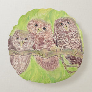 Three Little Scowling Owls - acrylic painting. Round Pillow