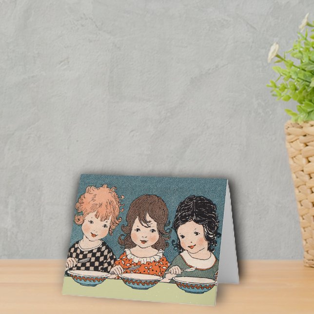 Three Little Sisters Notecard (Three sisters different coloured hair sitting at table eating soup on notecards.)