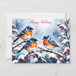 Three Little Songbirds and Red Berries Christmas Holiday Card