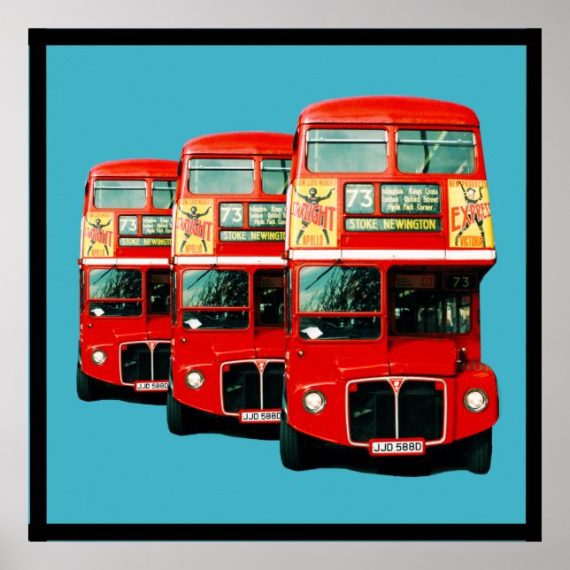 Three London Buses on Turquoise Background Poster (Front)