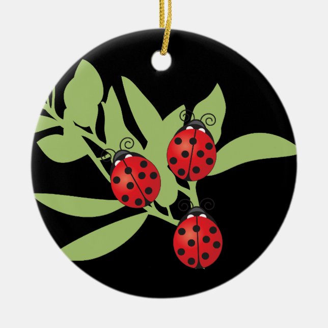 Three Lucky Ladybugs Ceramic Ornament (Front)