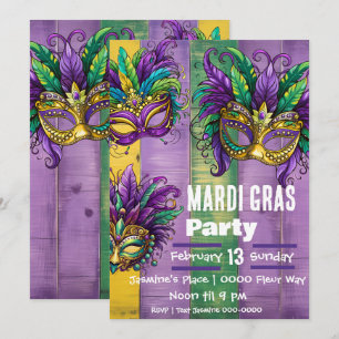Three Mardi Gras Masks In Purple Gold Green Invitation