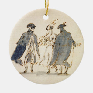 Three Masked Figures in Carnival Costume (pen & in Ceramic Ornament