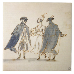 Three Masked Figures in Carnival Costume (pen & in Tile