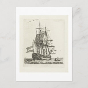 Three-masted ship with two figures in the rigging postcard