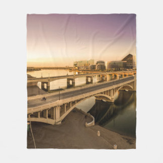 THREE MEN ON MOTORCYCLES CROSSING BRIDGE FLEECE BLANKET