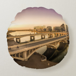 THREE MEN ON MOTORCYCLES CROSSING BRIDGE ROUND PILLOW