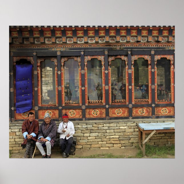 Three men sit on a bench at the Memorial Chorten Poster (Front)