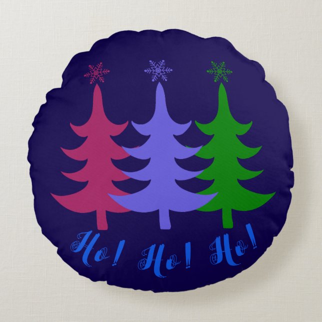 Three Merry Christmas Trees Ho! Ho! Ho! Round Pillow (Front)