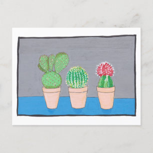 Three mexican cacti in pots, original art postcard