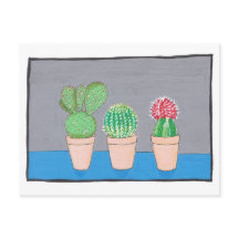 Three mexican cacti in pots, original art