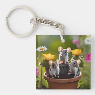 Three Mice In Flower Pots, Keychain