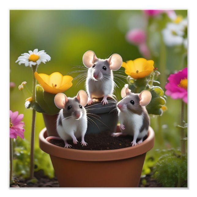 Three Mice In Flower Pots, Photo Print (Front)