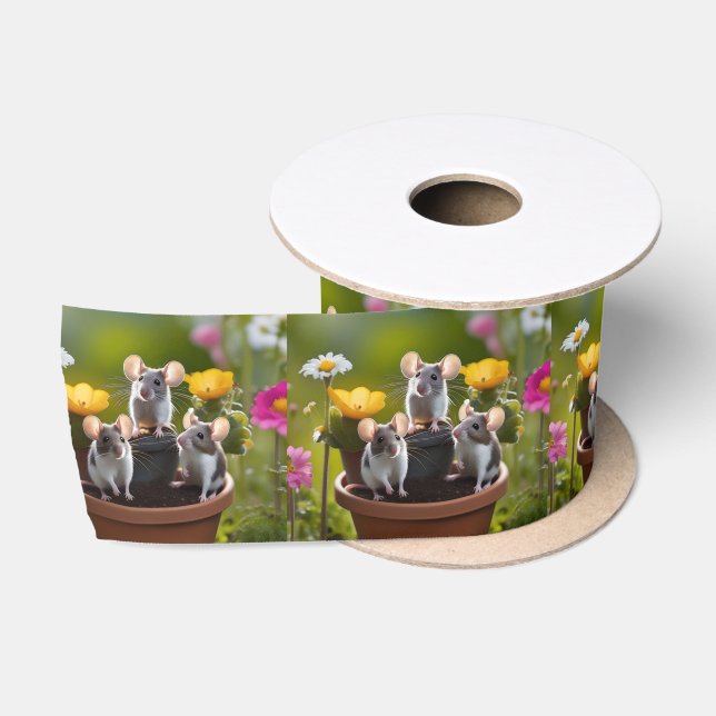 Three Mice In Flower Pots, Satin Ribbon (Spool)