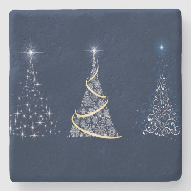 Three Modern Art Christmas Trees on Blue Stone Coaster (Front)