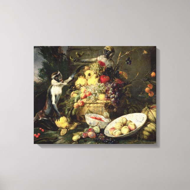 Three Monkeys Stealing Fruit (oil on canvas) Canvas Print (Front)