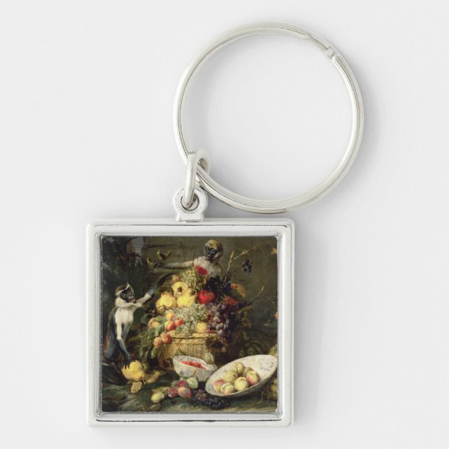 Three Monkeys Stealing Fruit (oil on canvas) Keychain (Front)