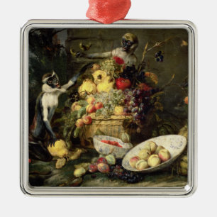 Three Monkeys Stealing Fruit (oil on canvas) Metal Ornament