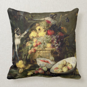 Three Monkeys Stealing Fruit (oil on canvas) Throw Pillow